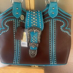 Brown and Teal Studded Women's Bag p&G